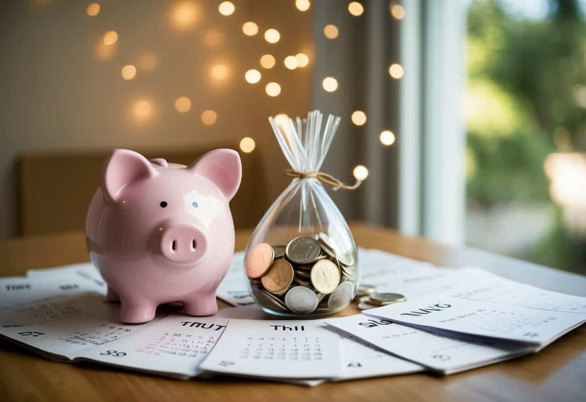 A couple's piggy bank fills slowly as time passes, surrounded by calendar pages marking the days until their wedding