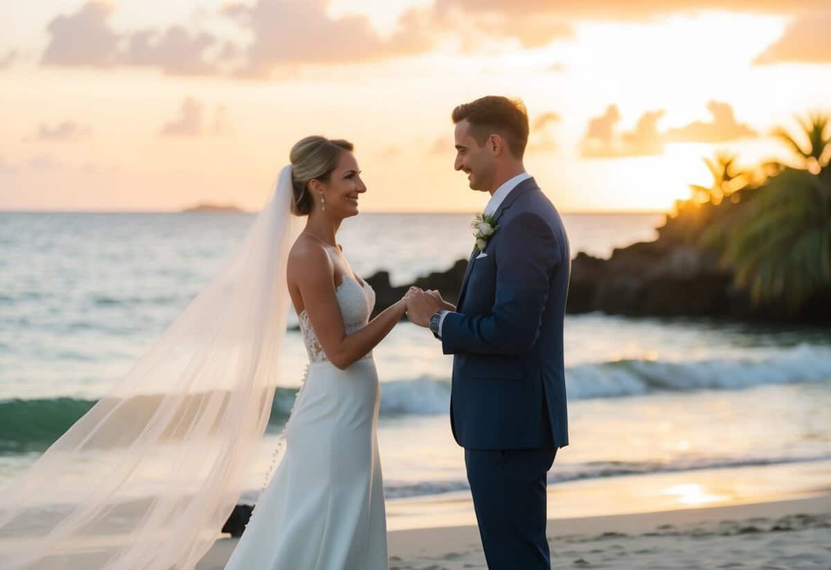 A couple exchanging vows on a scenic beach with a tropical sunset in the background
