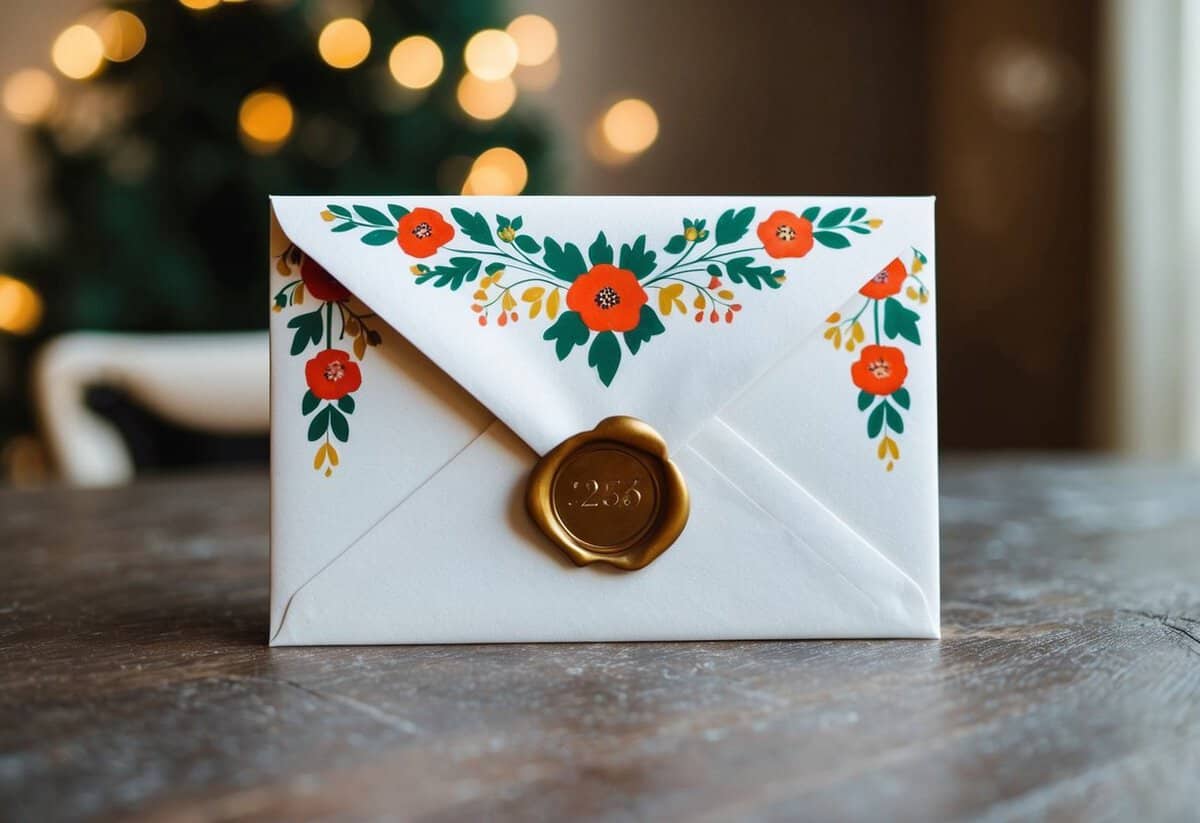 A decorative envelope with floral motifs and a wax seal