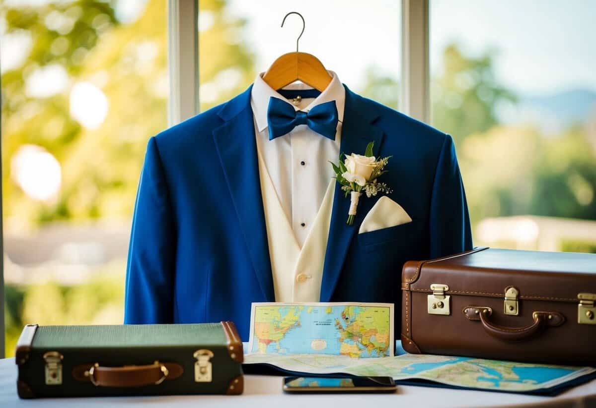 A couple's wedding attire, a suitcase, and a map on a table