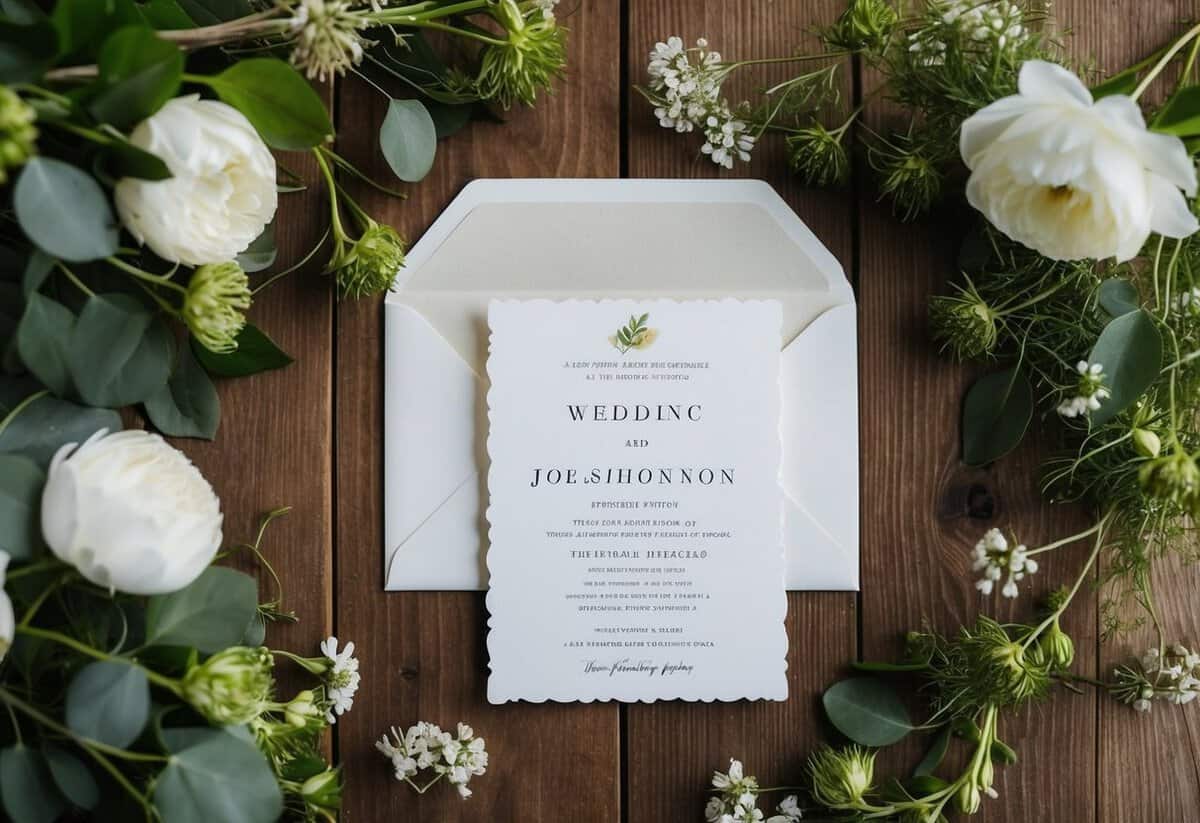 A wedding invitation lying on a rustic wooden table, surrounded by delicate flowers and greenery