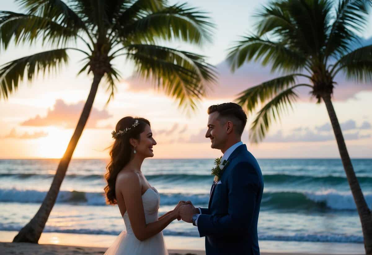 A couple exchanging vows on a tropical beach at sunset. Palm trees, ocean waves, and a colorful sky create a romantic backdrop for their travel wedding