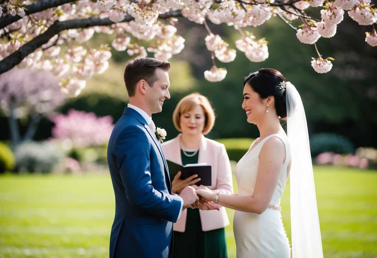 A couple exchanging vows under a blooming cherry blossom tree in a serene garden setting