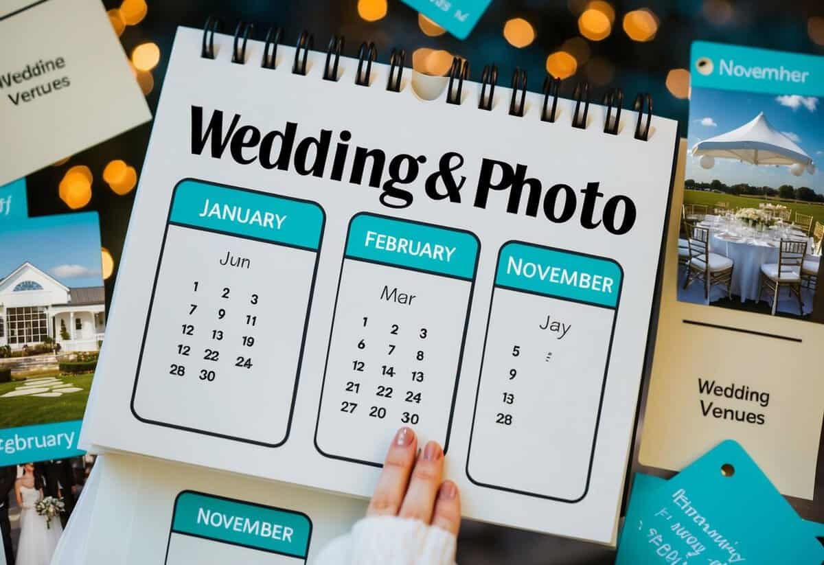A calendar with highlighted months of January, February, and November, surrounded by images of wedding venues and price tags