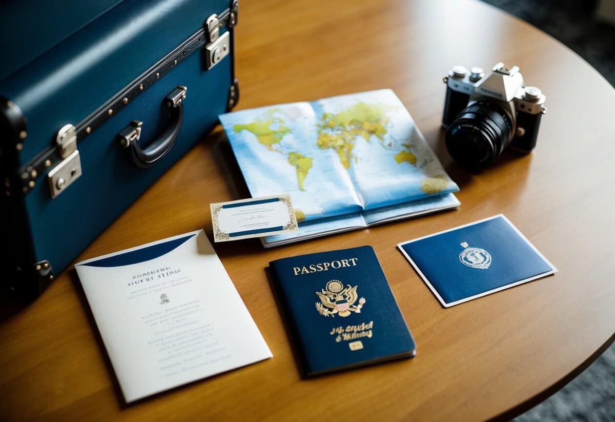A suitcase, a passport, and a map laid out on a table with a wedding invitation and a camera nearby