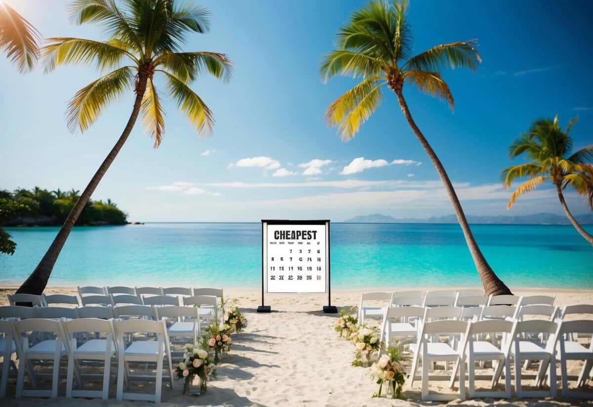 A sunny beach with a simple wedding setup, surrounded by palm trees and clear blue water, with a calendar showing the cheapest months to plan a wedding