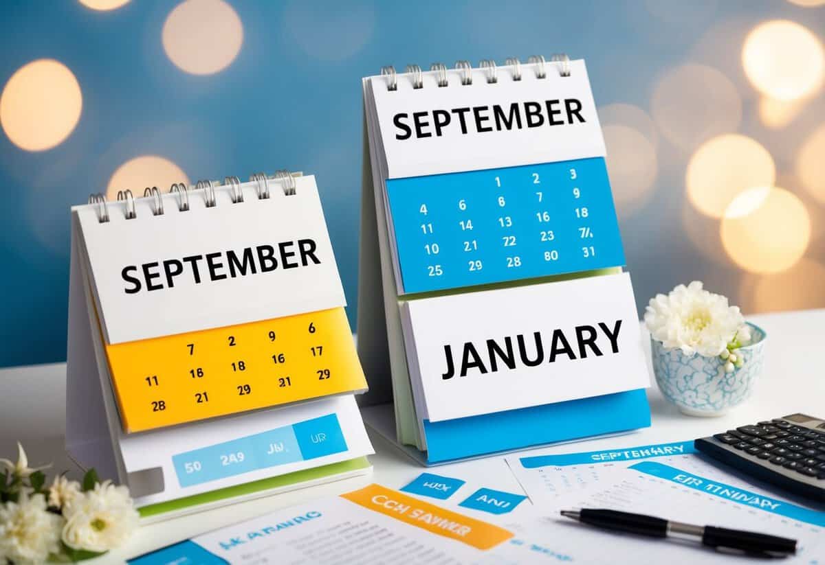 A calendar with highlighted months of September and January, surrounded by wedding planning materials and cost-saving tips