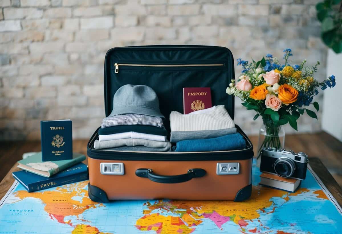 A suitcase packed with clothing, a passport, and a camera sitting on a map of the world, surrounded by travel guides and a bouquet of flowers
