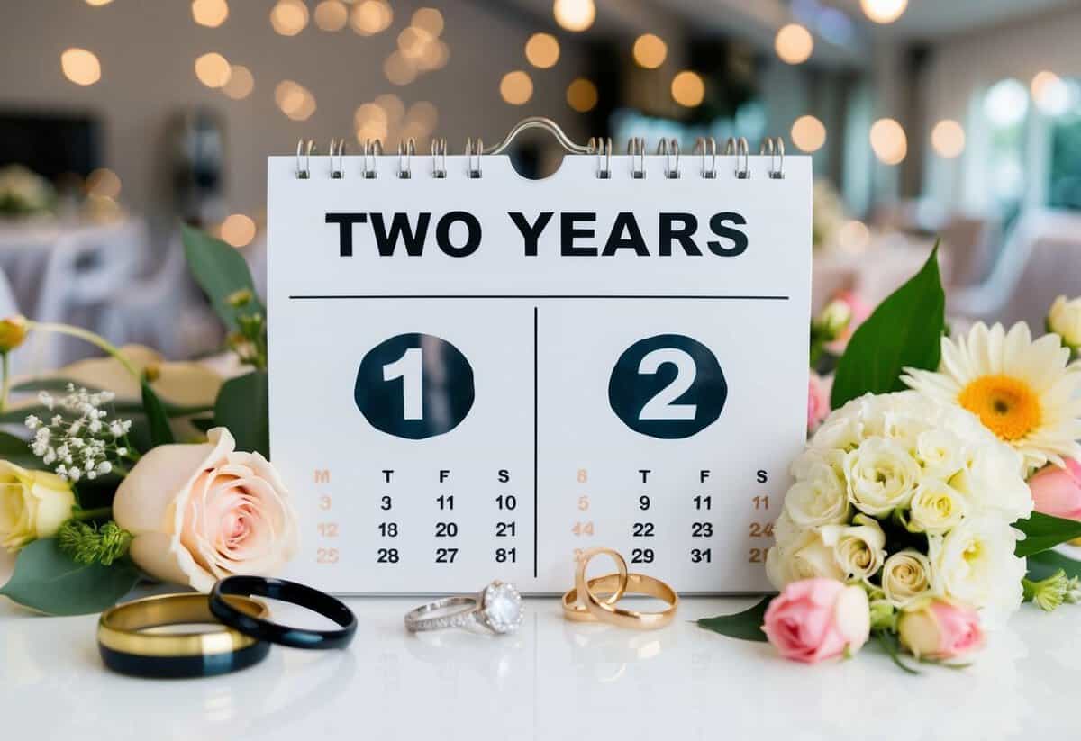 A calendar with the date two years in the future circled, surrounded by wedding-related items like rings, flowers, and a venue