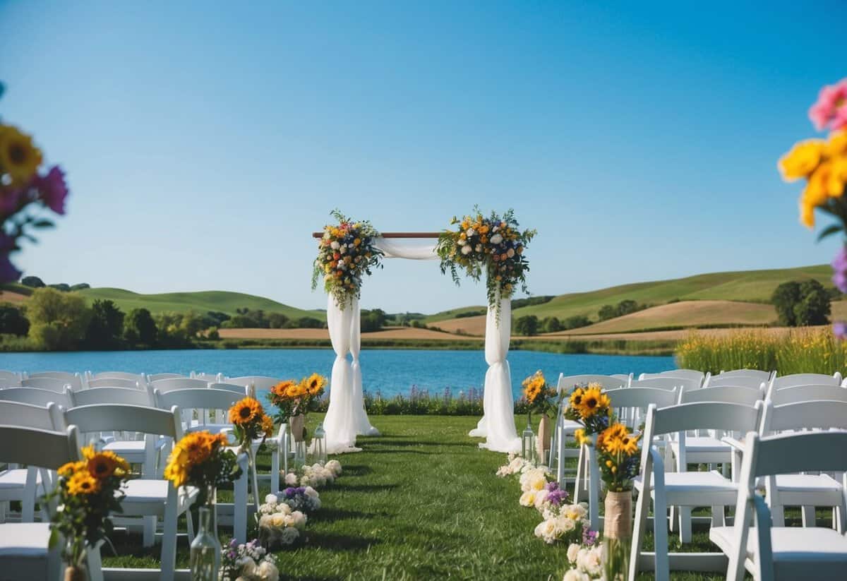 A sunny outdoor wedding ceremony with a clear blue sky and colorful flowers in full bloom, set against a backdrop of rolling hills and a tranquil lake