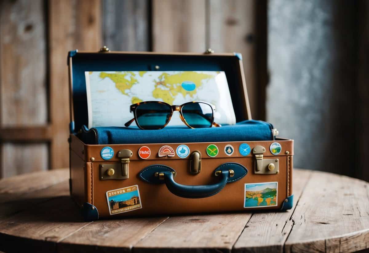 A vintage suitcase with travel stickers, a map, and a pair of sunglasses on a rustic wooden table