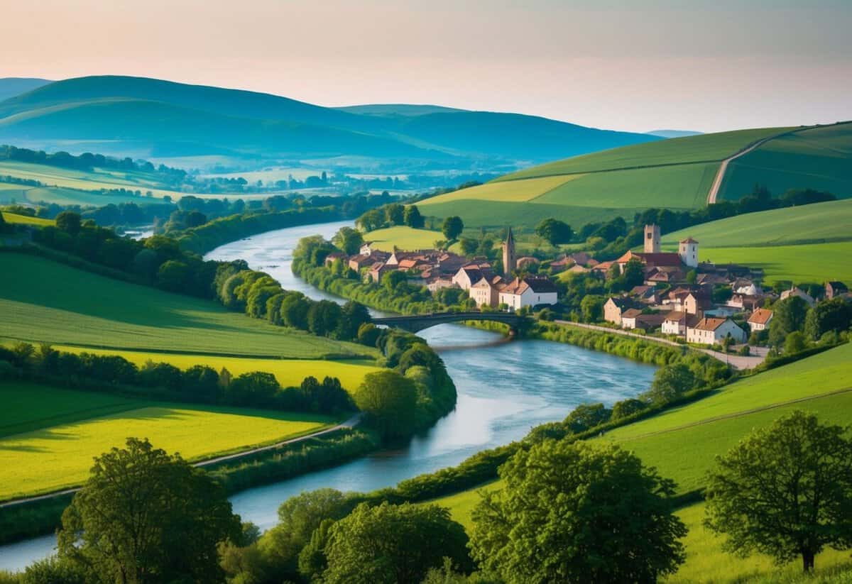 A picturesque landscape with rolling hills, a winding river, and a charming village nestled among lush greenery