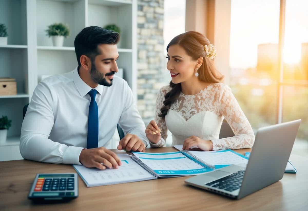 A couple sits at a desk with a calendar, calculator, and wedding magazines, discussing and planning their wedding finances for a date two years in the future