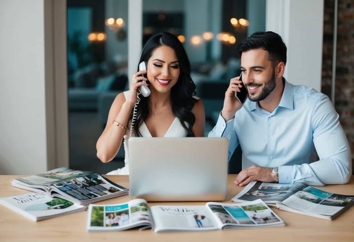 A couple sitting at a table with a laptop, surrounded by wedding magazines and brochures, speaking on the phone with various vendors and service providers