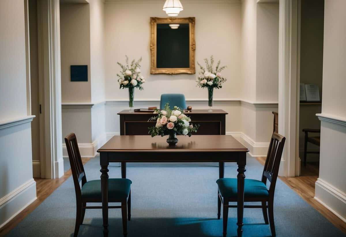 A small registry office with a simple, elegant interior. A table set with a floral arrangement and two chairs facing a registrar's desk