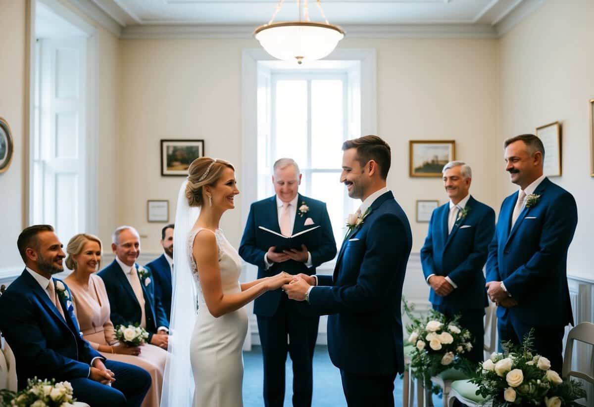 A couple exchanging vows in a simple, elegant room at a registry office, with a small group of close family and friends seated nearby