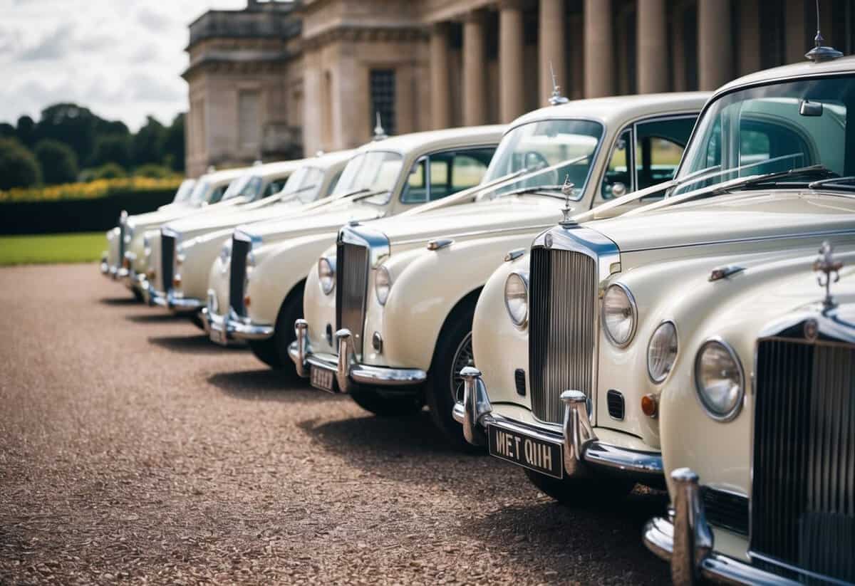 A line of elegant wedding cars parked outside a grand venue