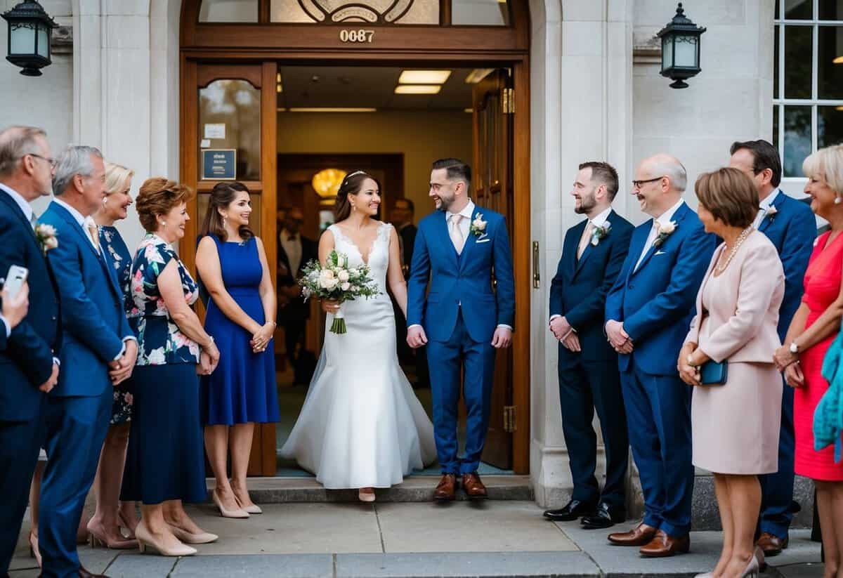 A couple standing at the entrance of a registry office, surrounded by a small group of guests waiting to enter for a wedding ceremony