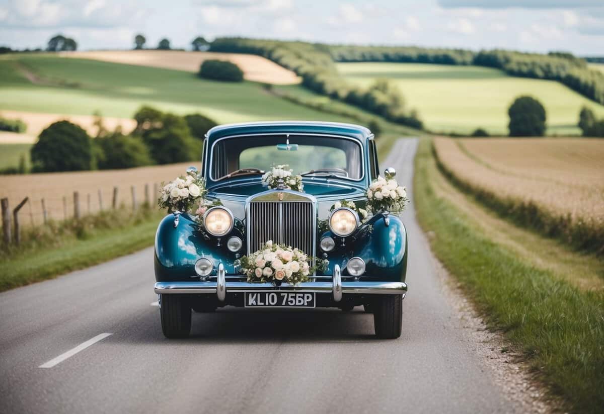 A vintage car adorned with flowers drives through a picturesque countryside, symbolizing the significance of wedding transportation