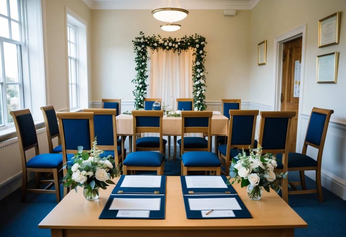 A registry office with chairs arranged for a small wedding, a table for signing documents, and a decorative backdrop