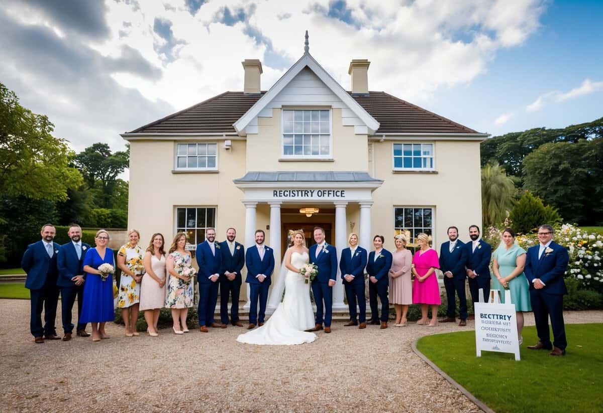 A registry office with a small group of guests gathered outside, with a sign indicating the wedding ceremony has taken place