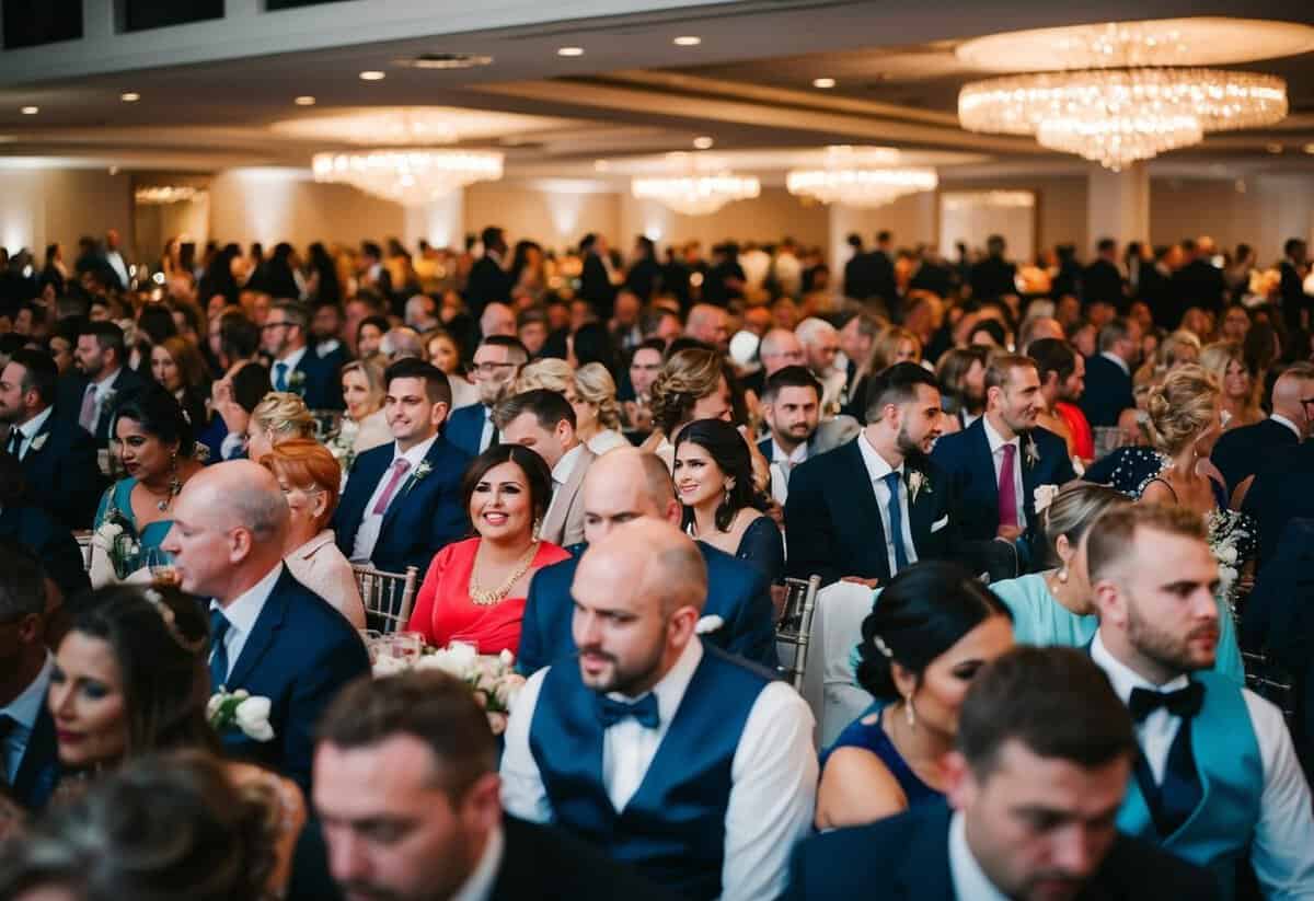 A crowded wedding venue with filled seats and bustling activity