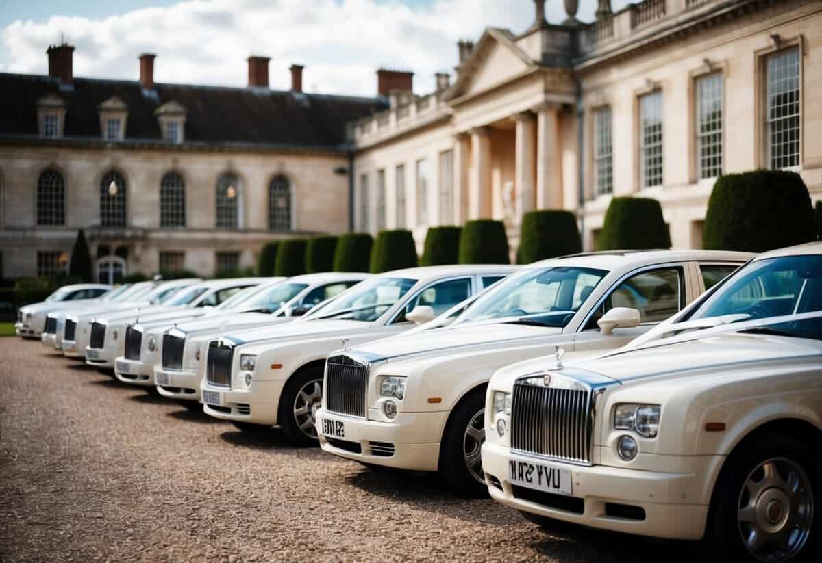 A line of elegant wedding cars waiting outside a grand venue