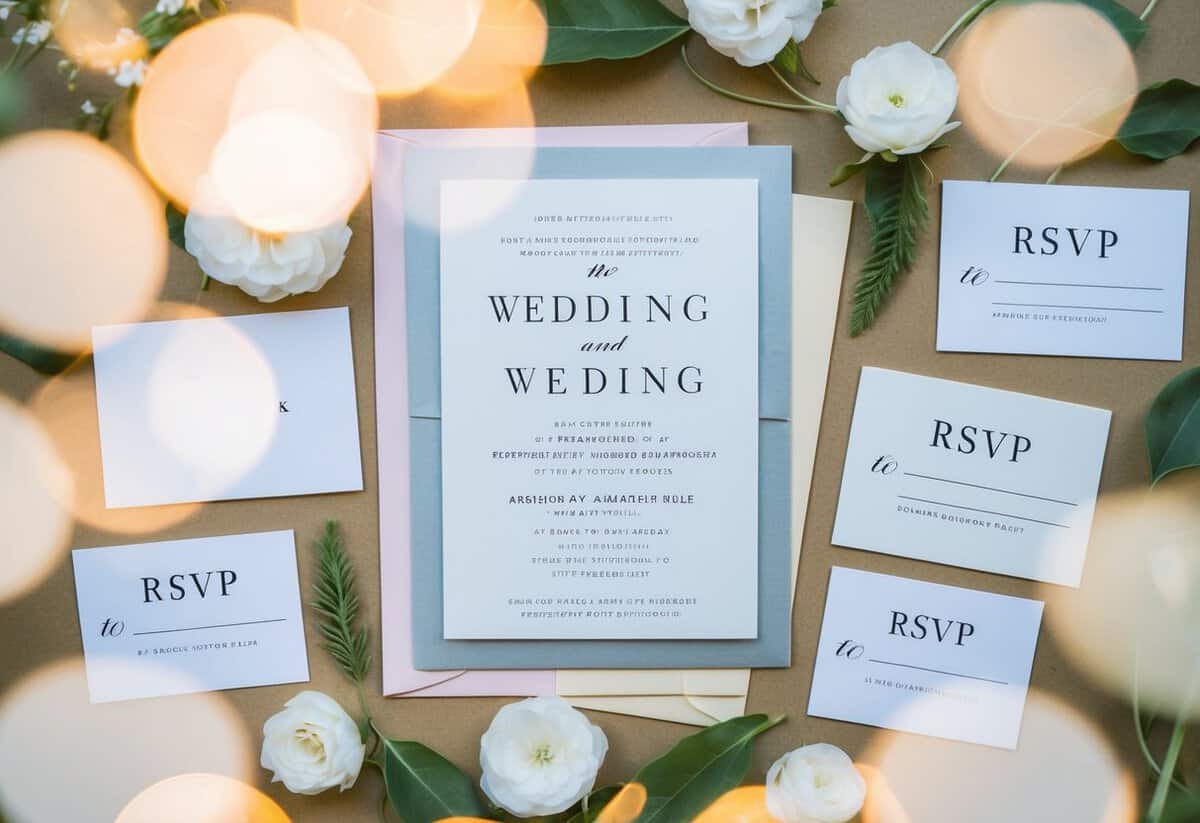 A wedding invitation surrounded by a mix of empty and filled-in RSVP cards, with a clear disparity between the two