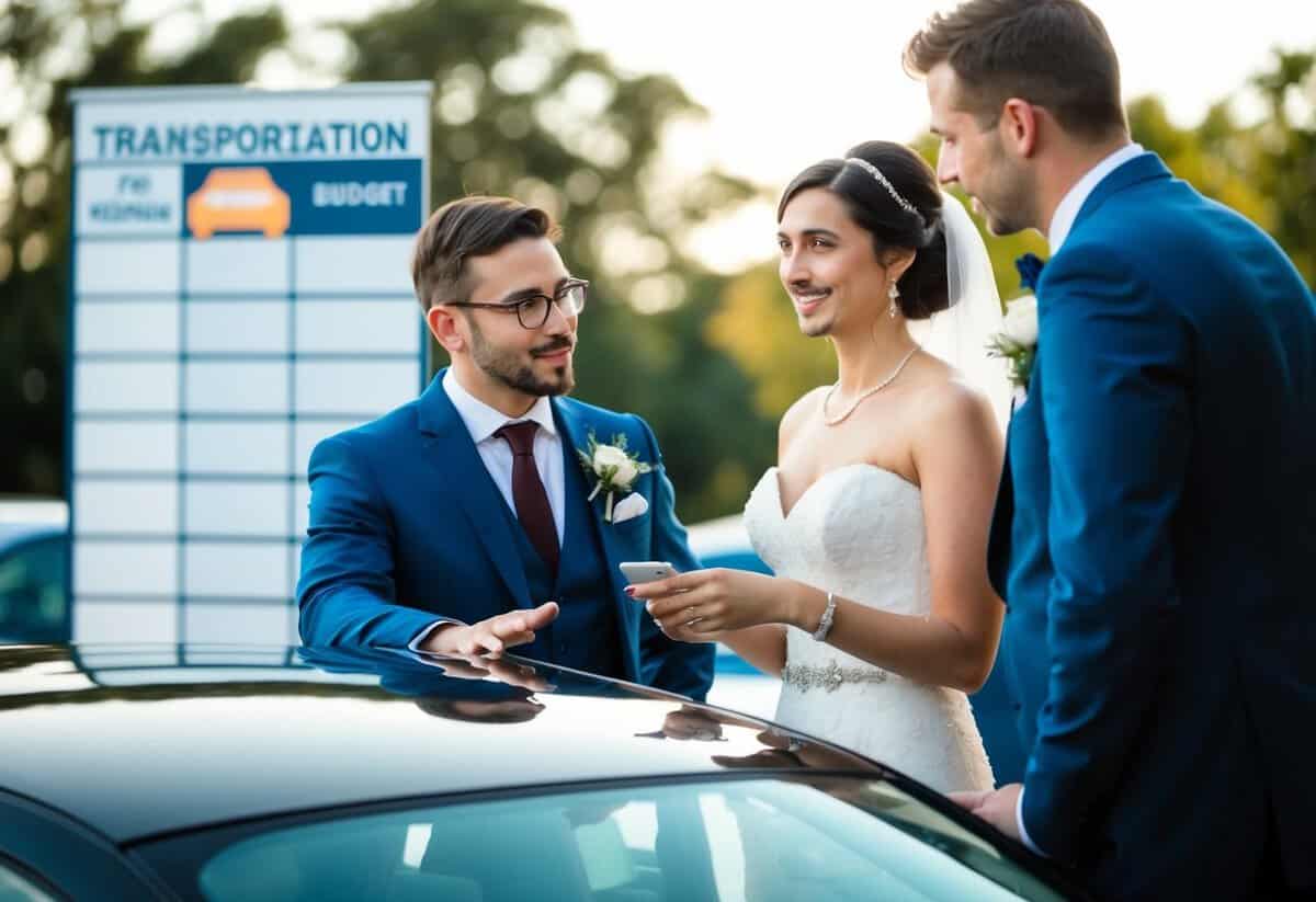 A bride and groom discussing wedding car options with a transportation budget chart in the background