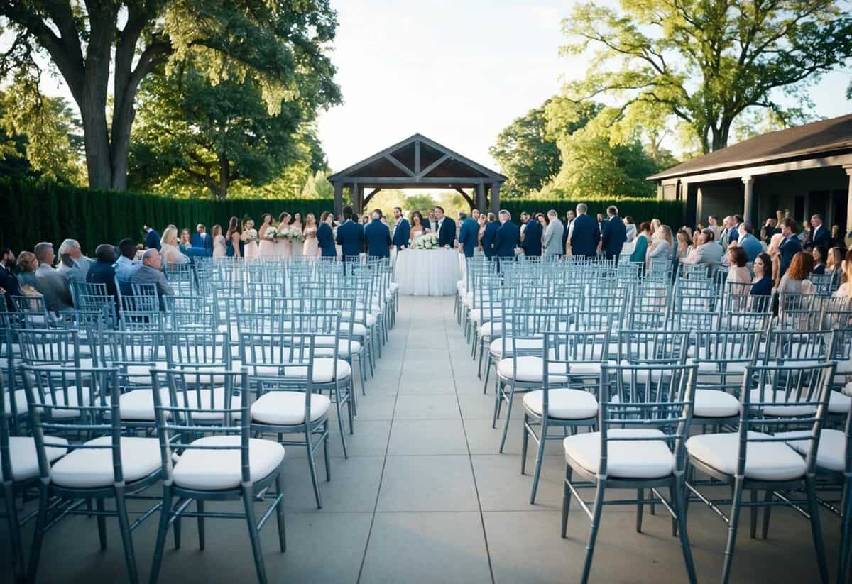 A grand outdoor wedding venue with rows of empty chairs. A smaller indoor venue filled with guests