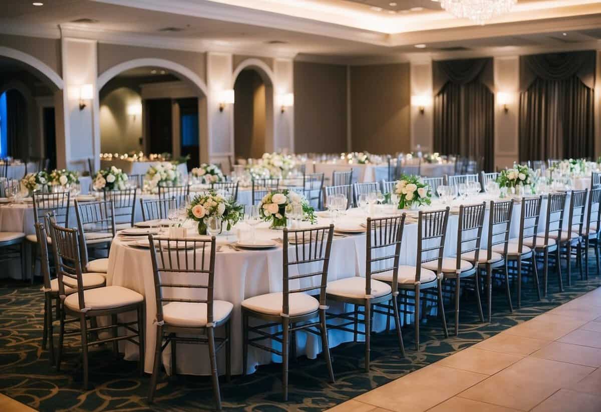 A beautifully decorated wedding venue with rows of empty chairs and tables set for a reception, awaiting the arrival of guests