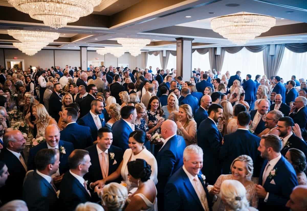 A crowded wedding venue with 200 guests celebrating and socializing