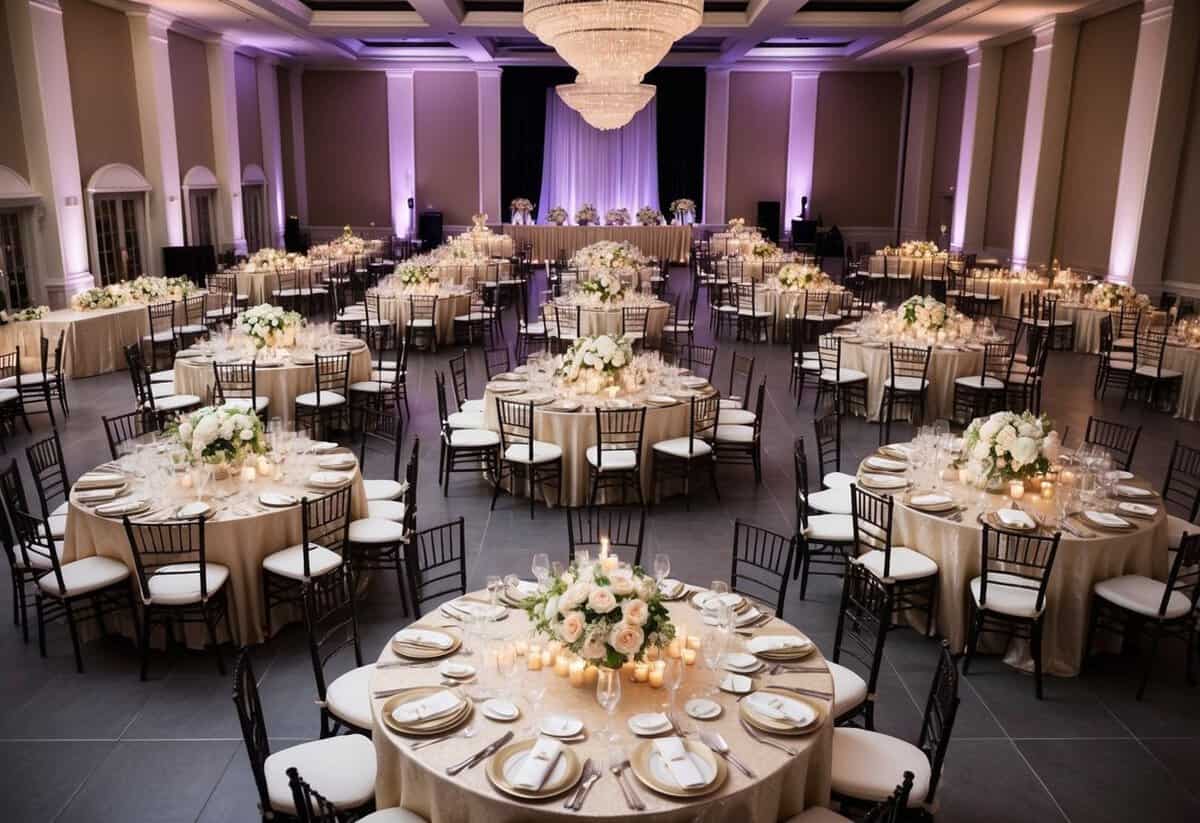A grand wedding reception with rows of elegantly decorated tables set for 200 guests, a spacious dance floor, and a lavish banquet spread