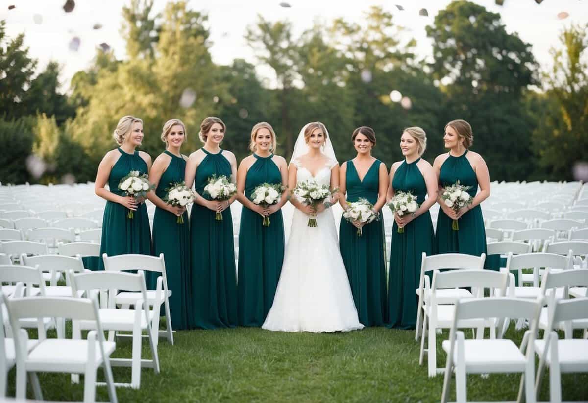 A group of 5 bridesmaids stand in a line, holding bouquets, in front of 100 empty chairs arranged for a wedding ceremony