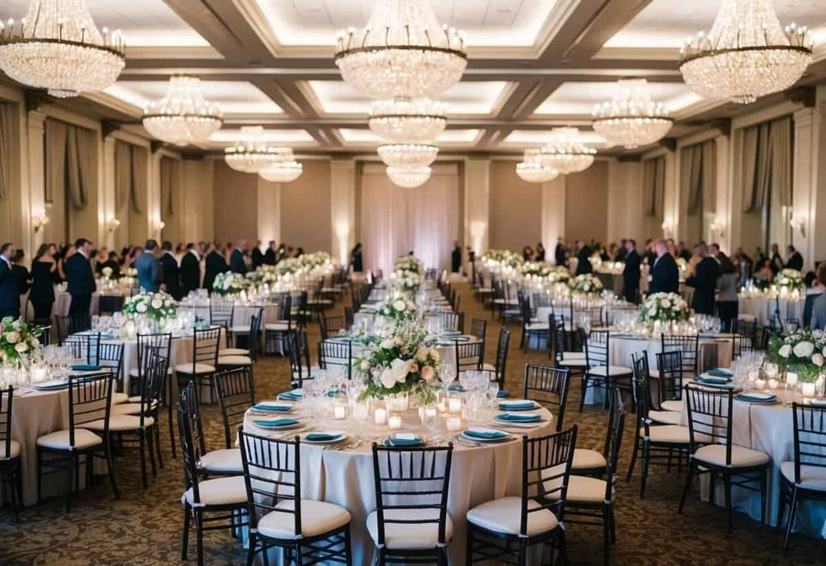 A grand banquet hall filled with rows of elegant tables and chairs, adorned with floral centerpieces and sparkling table settings for 200 guests