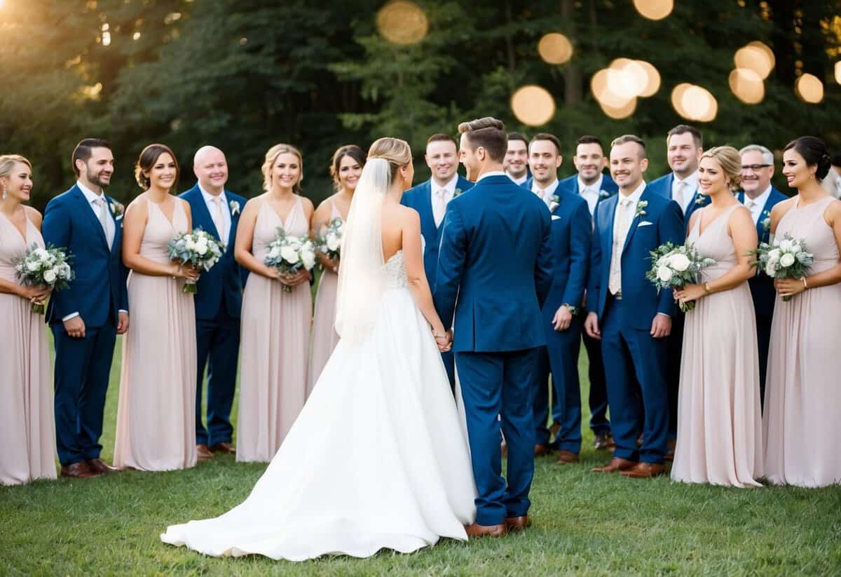 A bride and groom stand surrounded by 100 guests, while a group of bridesmaids stands nearby. The size of the bridal party is being determined