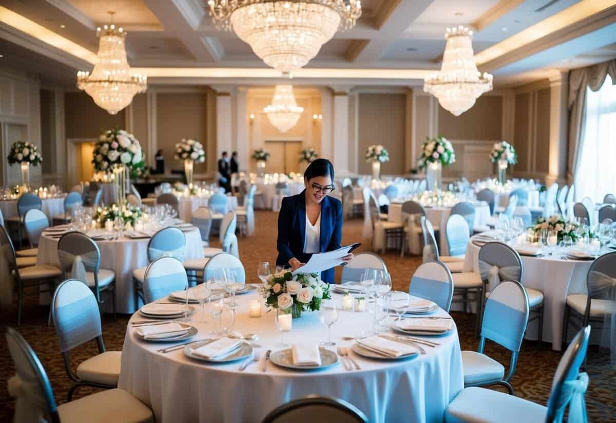 A grand wedding venue with tables set for 200 guests, adorned with flowers and elegant place settings. A planner reviews a budget spreadsheet