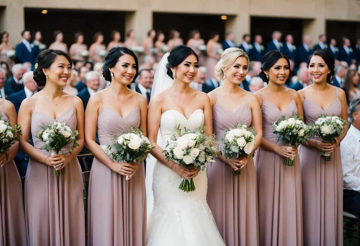 A group of bridesmaids standing in a line, each holding a bouquet, with 100 guests seated in the background