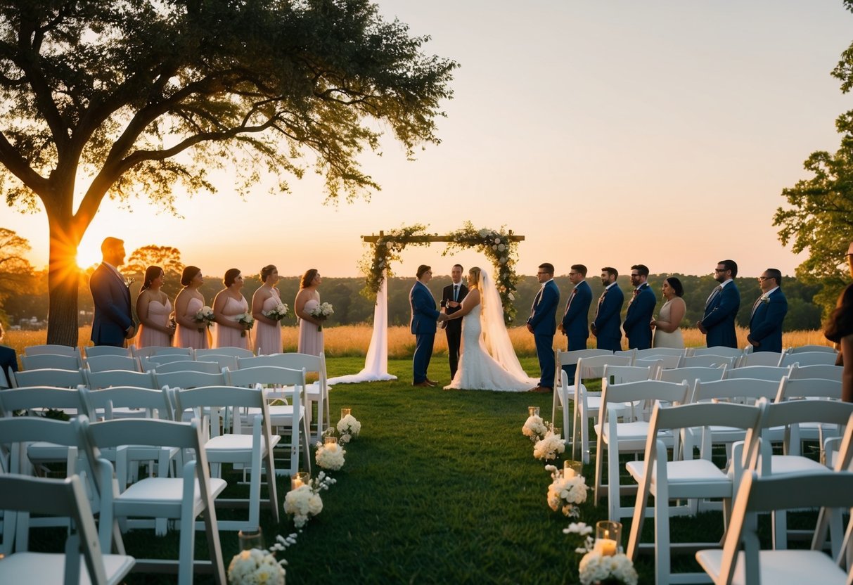 A serene outdoor wedding ceremony at sunset, with a golden glow cast over the landscape and a gentle breeze rustling through the trees