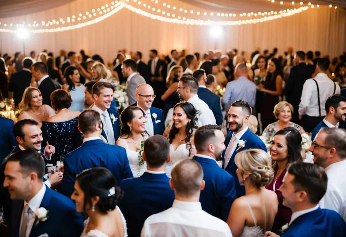 A crowded wedding reception with guests mingling and enjoying the festivities