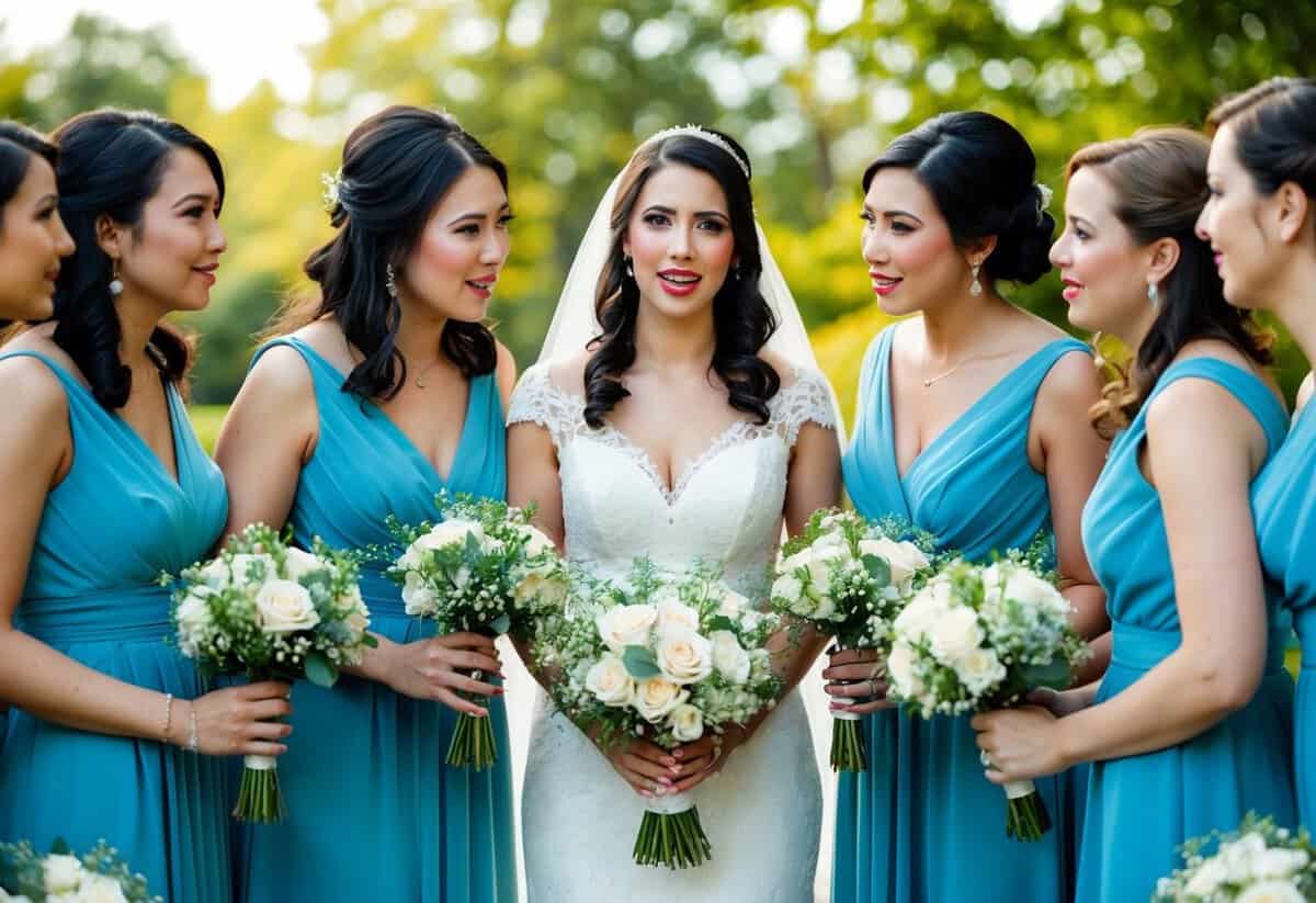A bride surrounded by a group of women, each holding a bouquet, while discussing their roles as bridesmaids for the upcoming wedding
