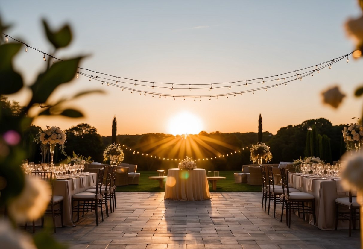 A setting sun casting a warm glow over a serene outdoor wedding venue, with twinkling lights and elegant decor creating a romantic atmosphere