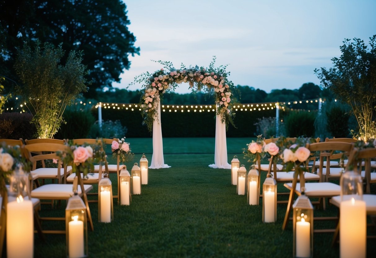 A serene evening garden with twinkling lights, a floral arch, and a romantic outdoor setting for a wedding ceremony
