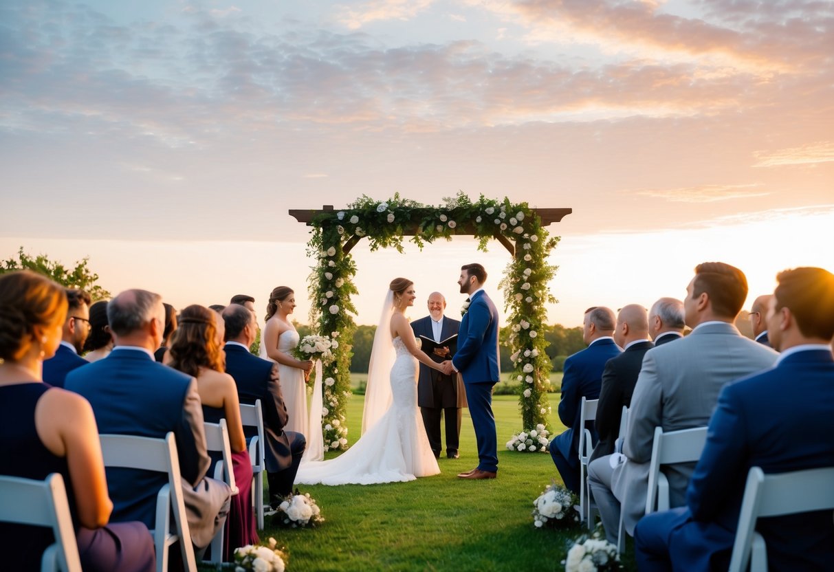 A serene outdoor wedding ceremony at sunset with guests seated and a bride and groom standing at the altar
