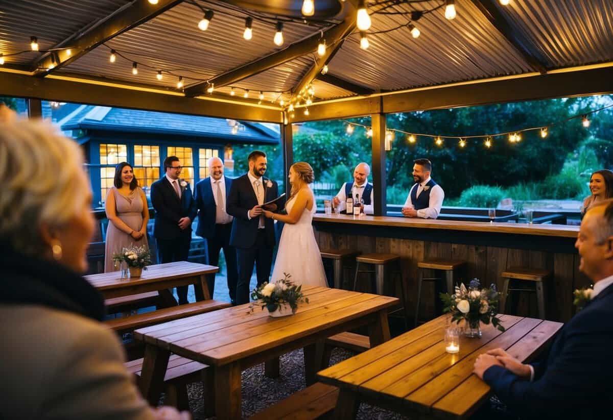A cozy outdoor pub with string lights, wooden tables, and a rustic bar. A small wedding ceremony takes place in the corner, surrounded by happy guests