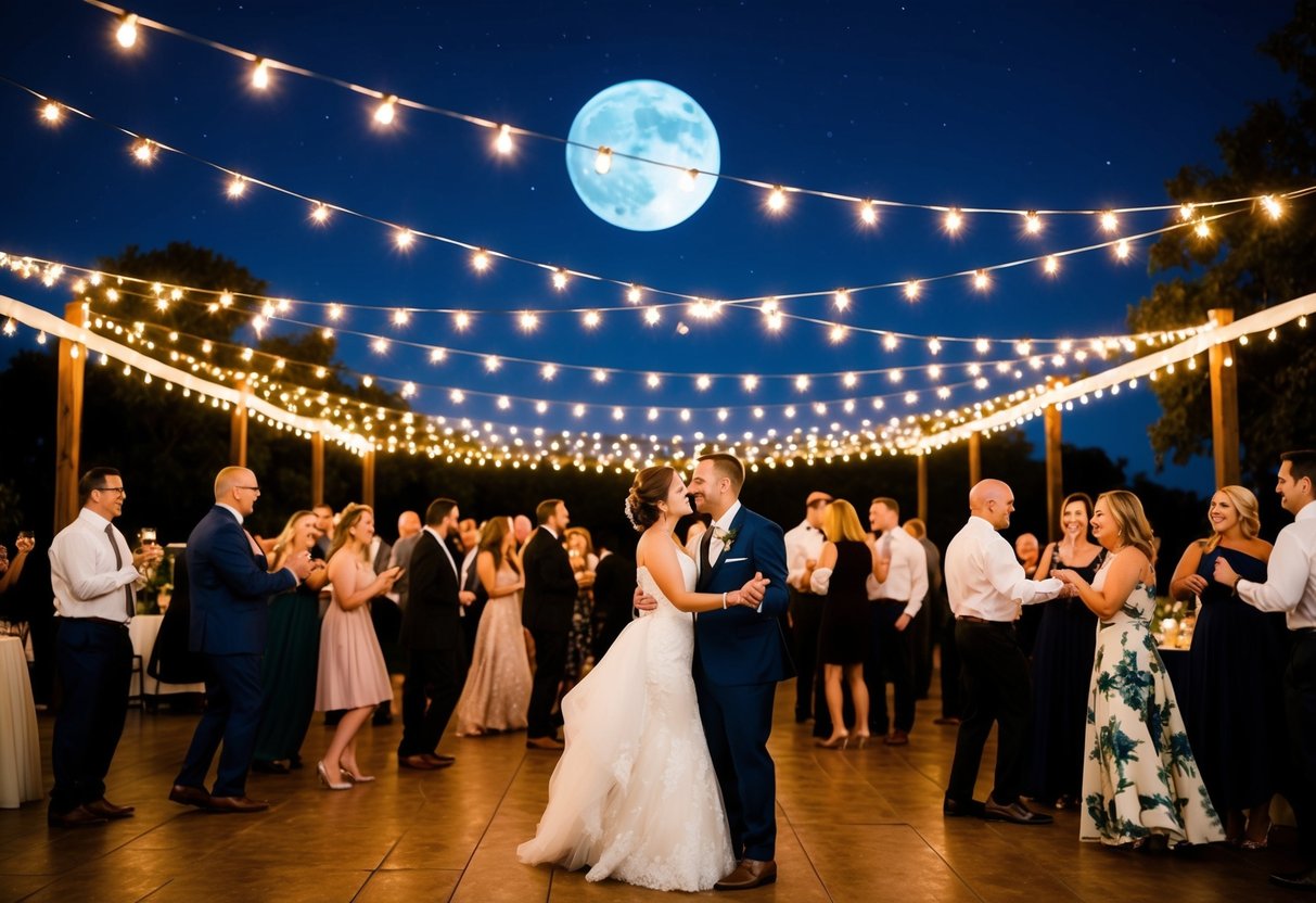 A moonlit outdoor wedding reception with twinkling lights, live music, and guests dancing under the stars