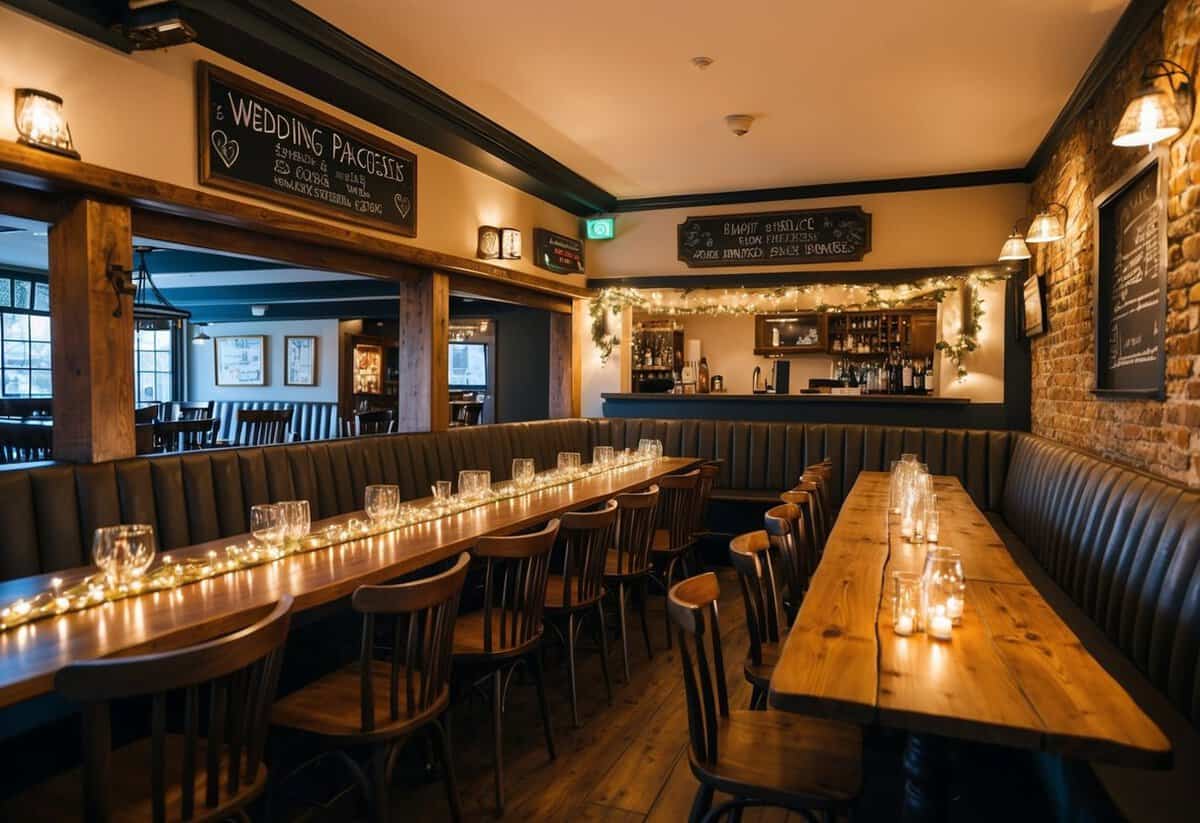 A cozy pub with rustic decor, long wooden tables, and twinkling fairy lights. A chalkboard sign advertises wedding packages