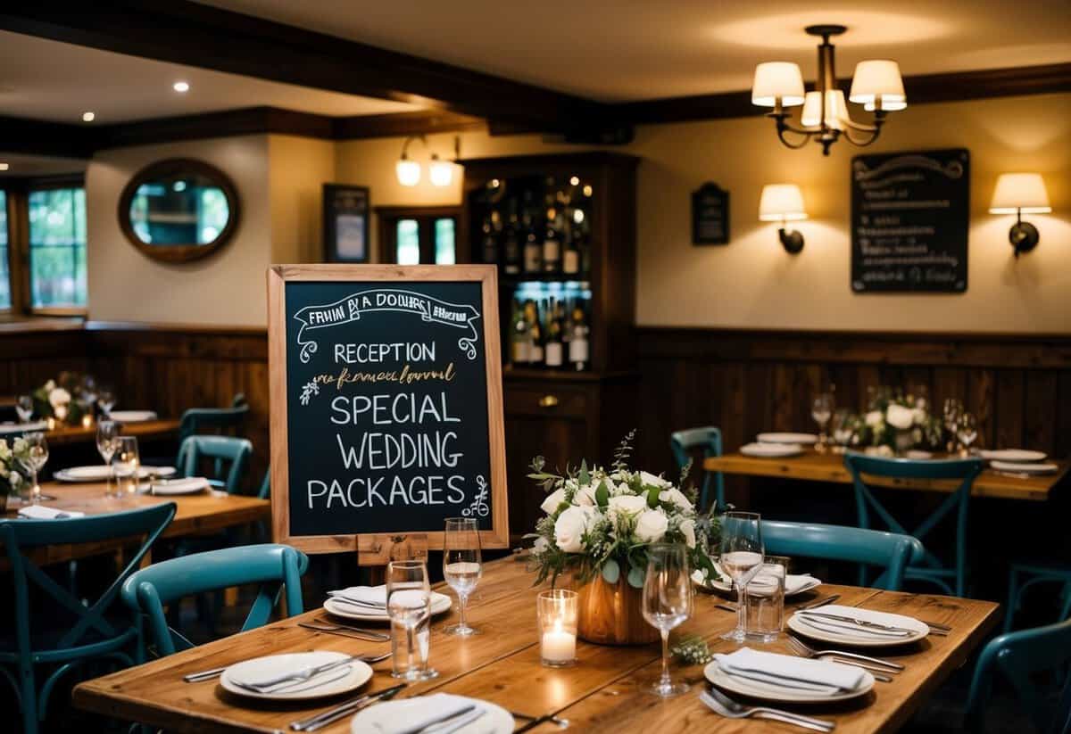A cozy, rustic pub with dim lighting and wooden tables set for a wedding reception. A chalkboard sign advertises special wedding packages