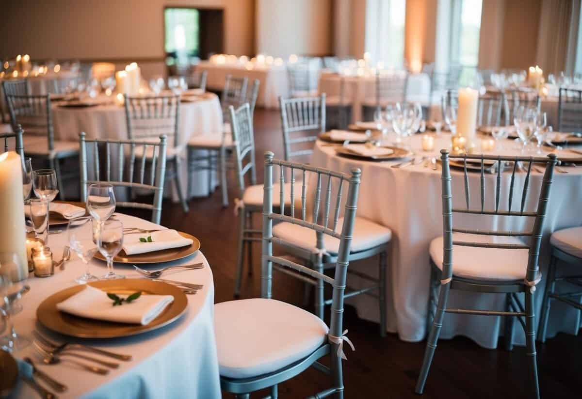 Empty chairs at a wedding reception, with untouched place settings and unlit candles