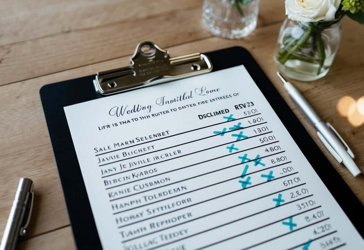 A wedding invitation with a line of names, some crossed out, and a tally of declined RSVPs on a clipboard